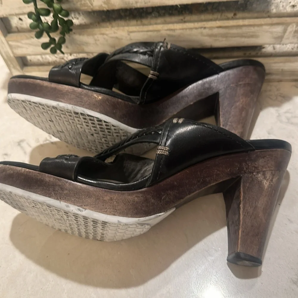 Cole Haan black leather/ wood slip on 4” heels - Picture 3 of 6